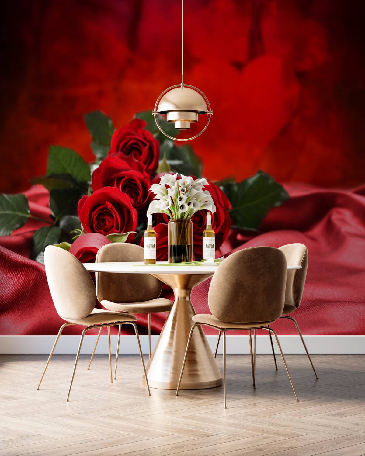 Fototapeta Czerwone róże na czerwonej satynie