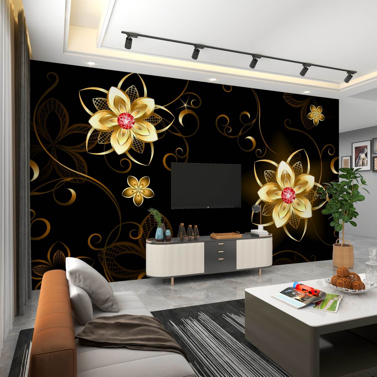 Fototapeta Złote kwiaty na czarnym tle