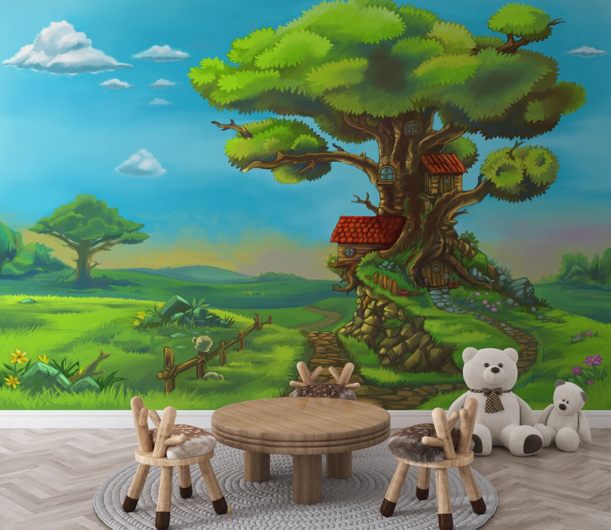 Fototapeta bajkowe domy na zielonym drzewie