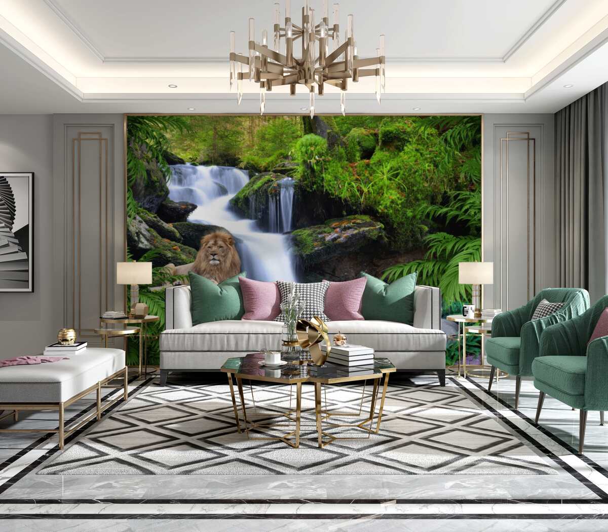 Fototapeta Lew leży przy wodospadzie