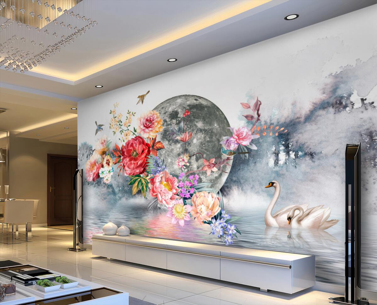 Fototapeta Kwiaty, księżyc w pełni i ptaki