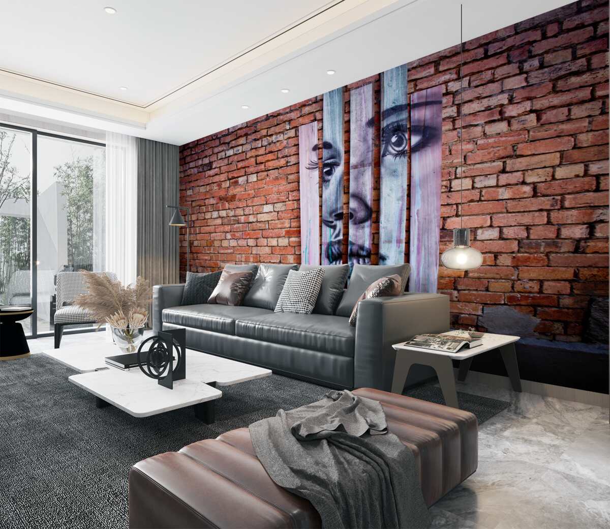 Fototapeta rysunek dziewczyny na ścianie z czerwonej cegły