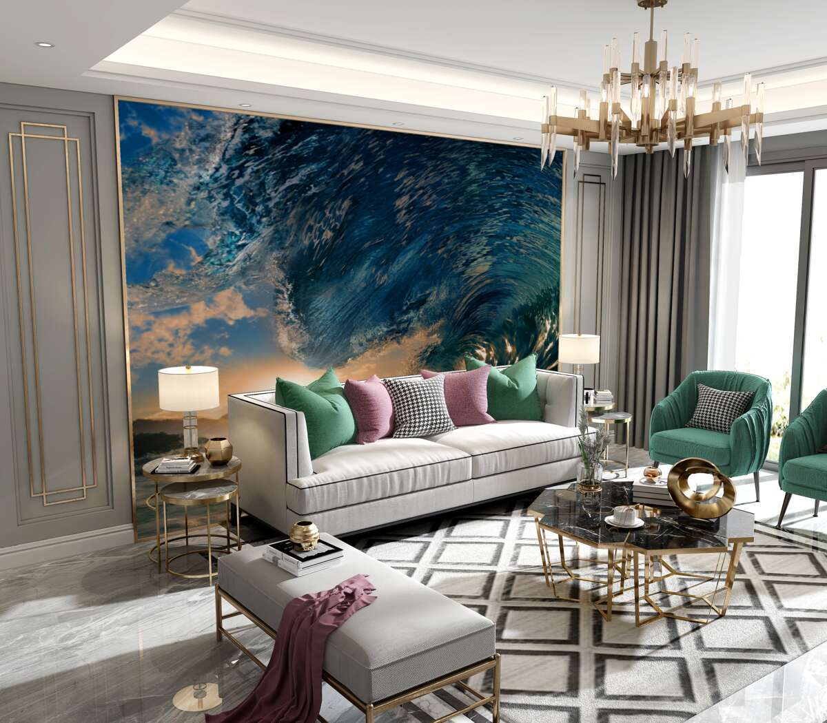 Fototapeta ogromna fala na tle zachodu słońca