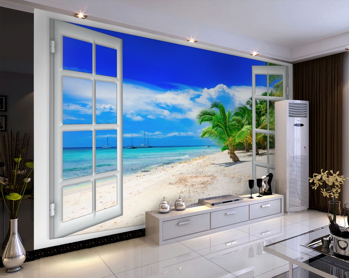 Fototapeta okno prowadzące na piaszczystą plażę