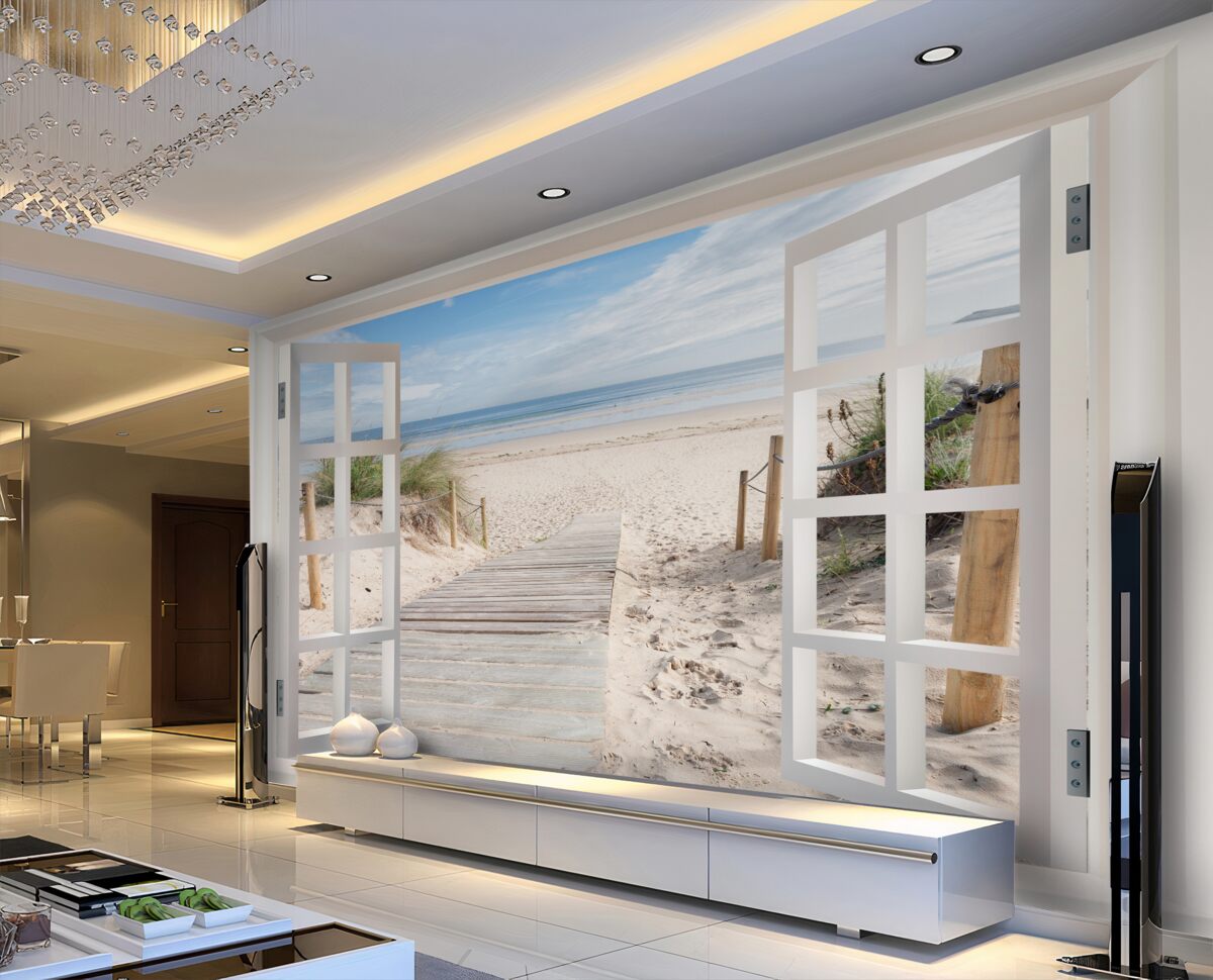 Fototapeta otwarte okno z widokiem na ocean i plażę