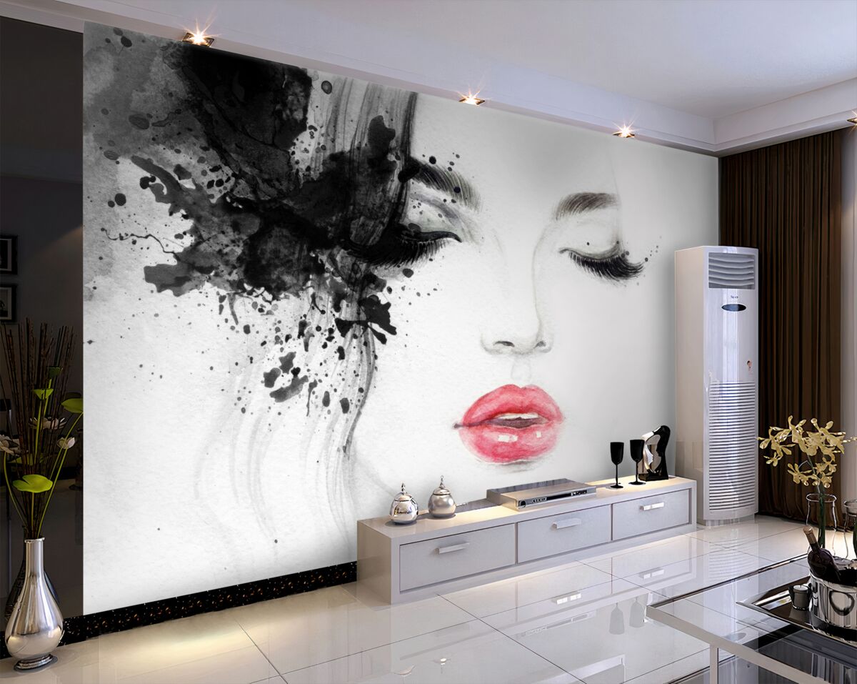 Fototapeta Dziewczyna z kreskówek z zamkniętymi oczami i czerwonymi ustami