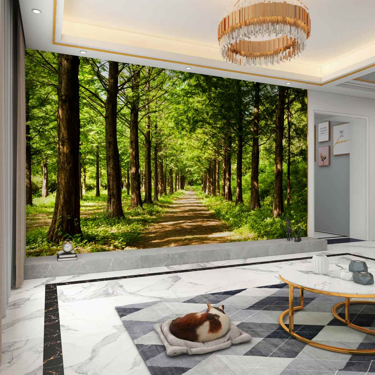 Fototapeta szeroka ścieżka wśród zielonych drzew