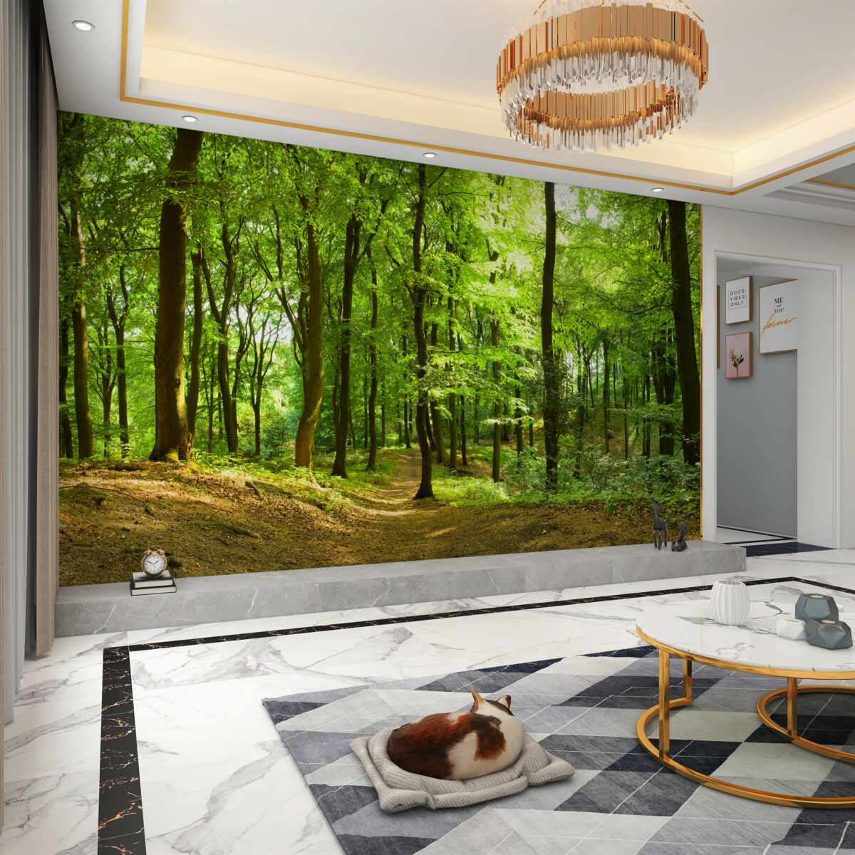 Fototapeta polana w zielonym lesie pokrytym