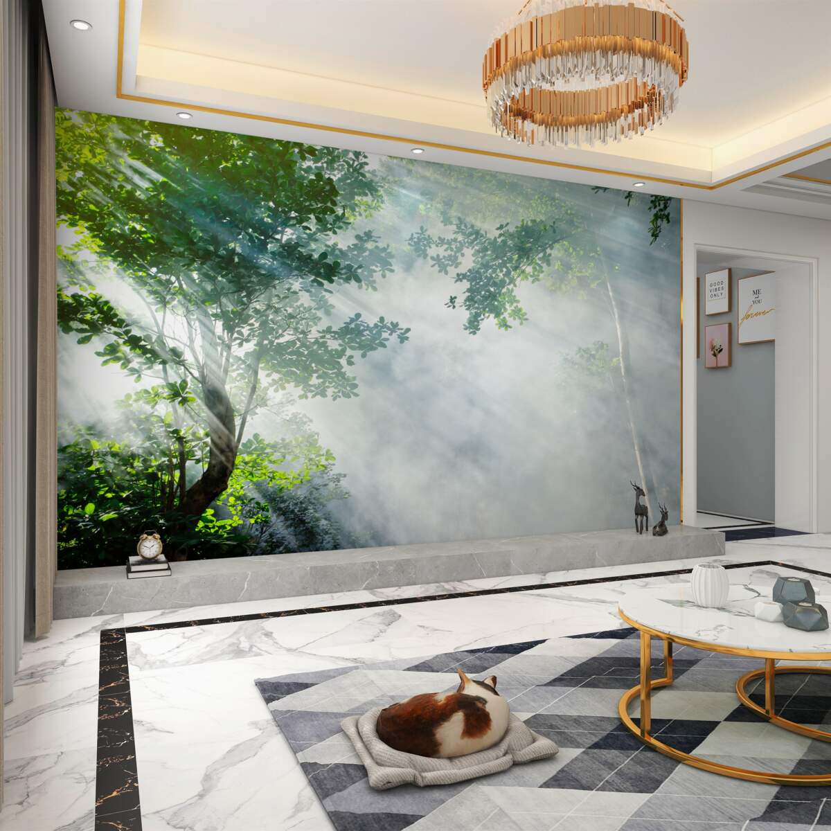 Fototapeta promienie słońca przebijają las o poranku