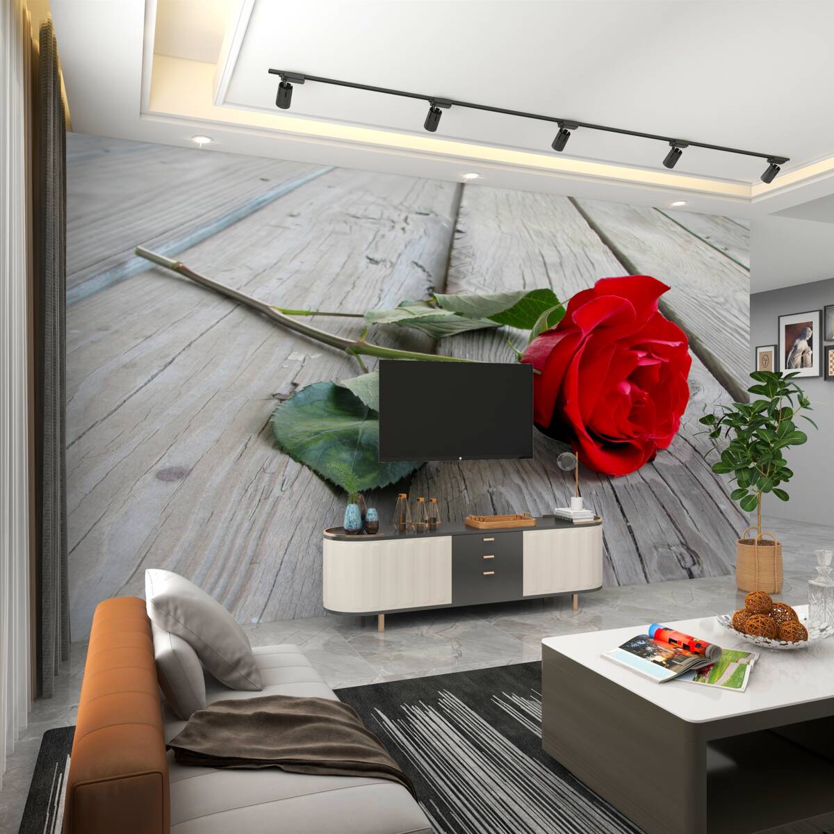 Fototapeta Czerwona róża na drewnianej desce