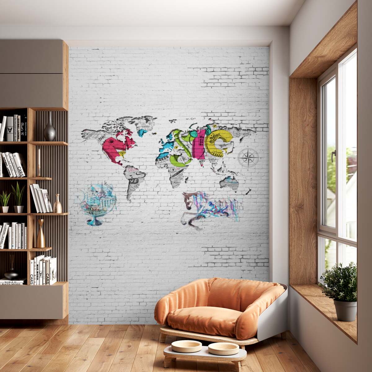 Fototapeta wielobarwna mapa świata na białym murze