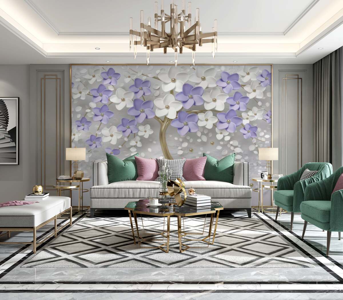 Fototapeta Białe i liliowe kwiaty na złotym drzewie