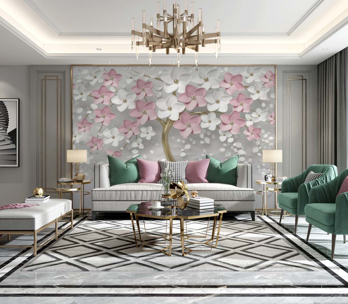 Fototapeta Małe białe i różowe kwiaty na złotym drzewie