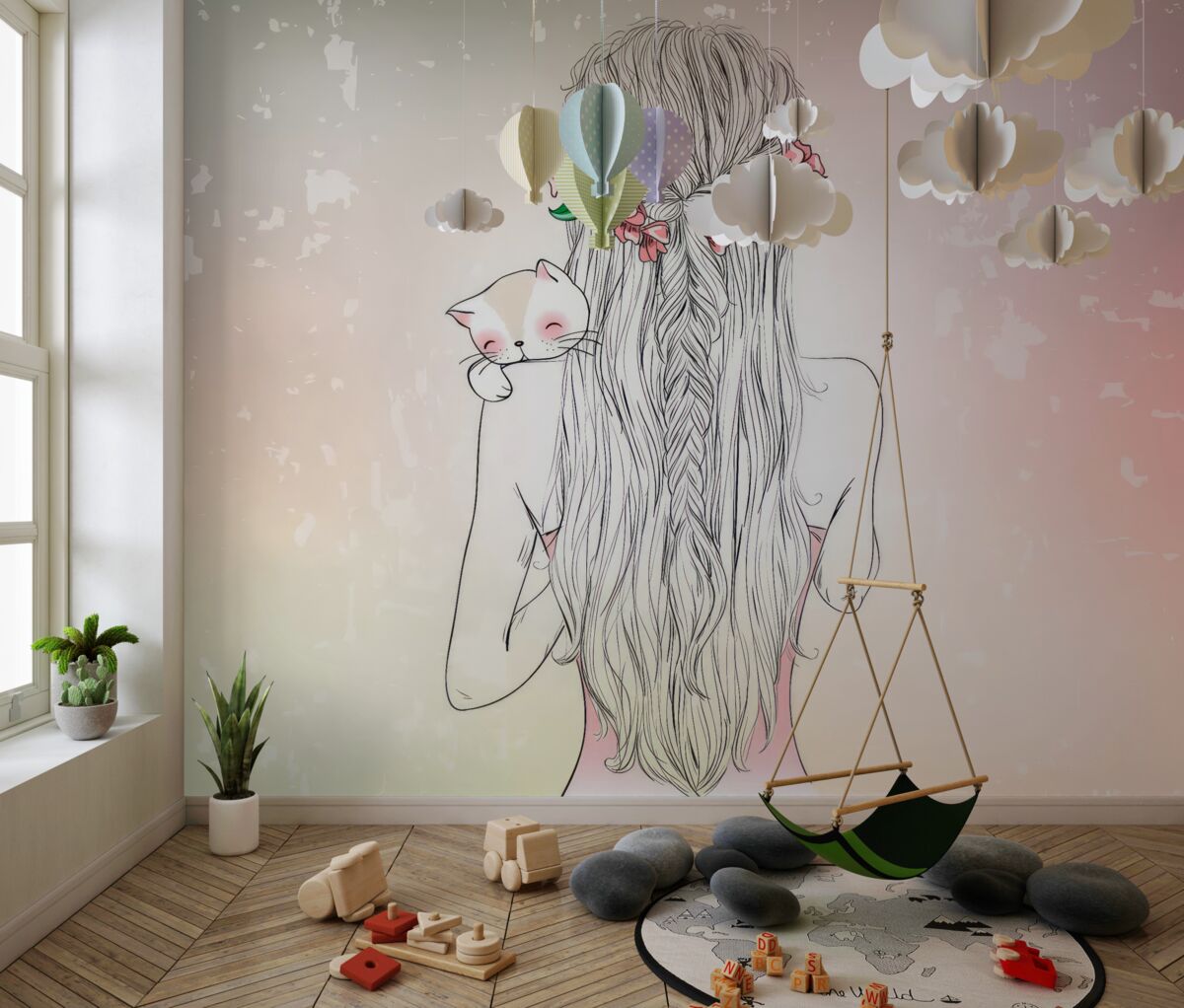 Fototapeta Dziewczyna wróciła z kotem na rękach