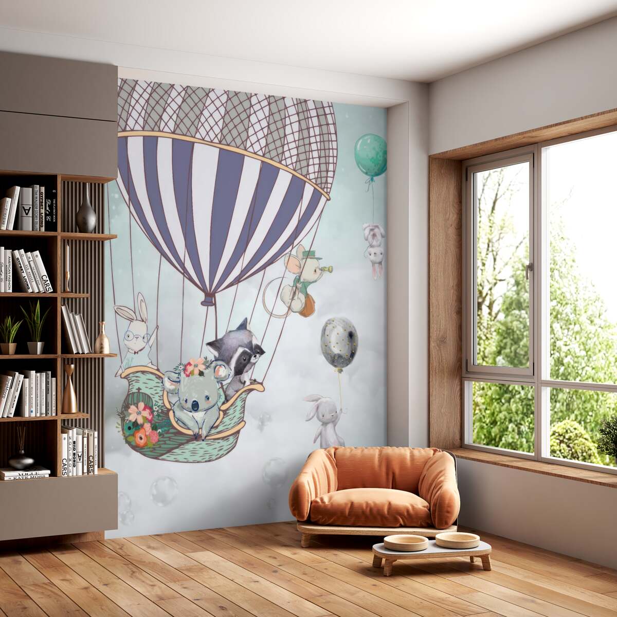 Fototapeta Zwierzęta latają balonem na ogrzane powietrze i nieopodal na piłkach