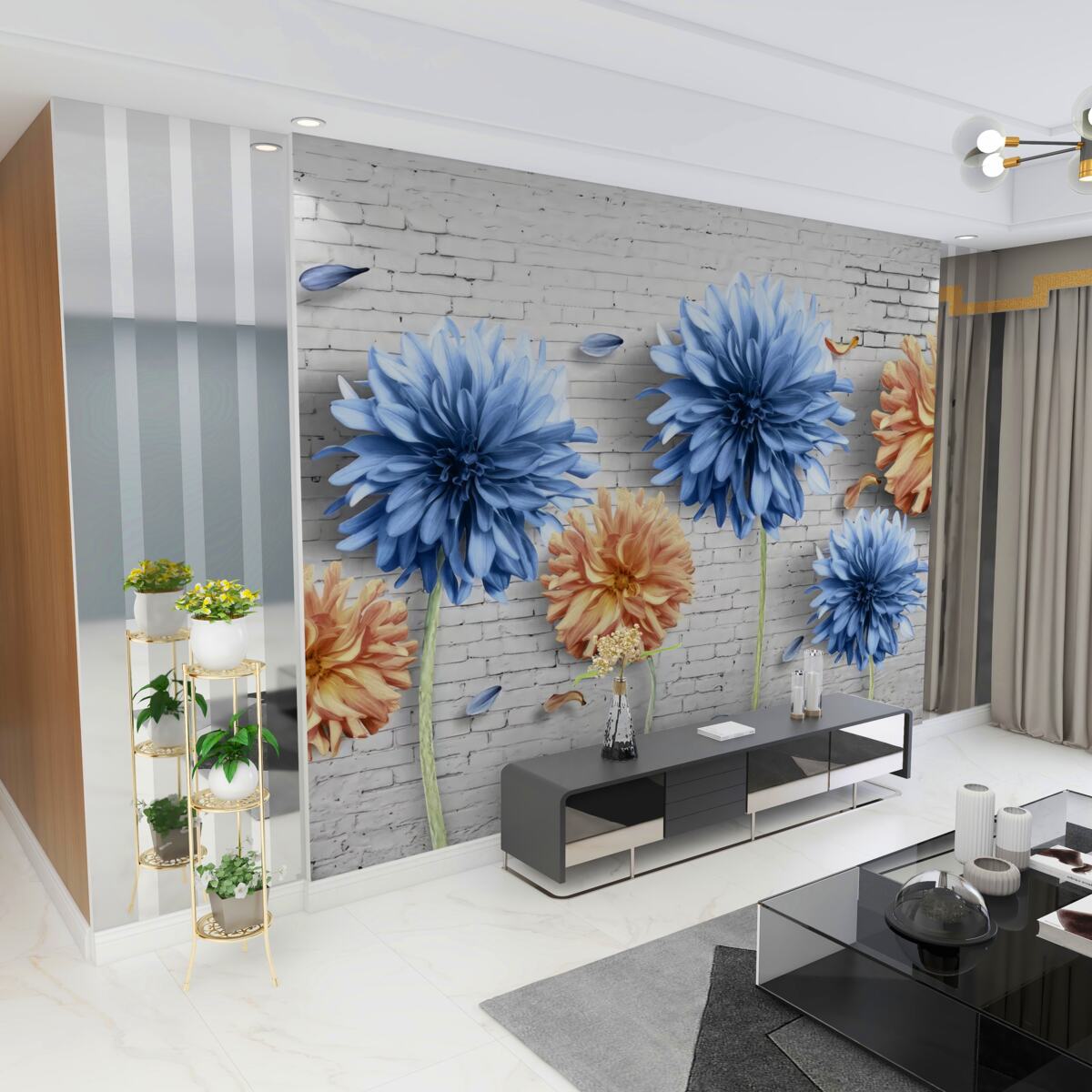 Fototapeta Brązowe i niebieskie kwiaty na ceglanym tle