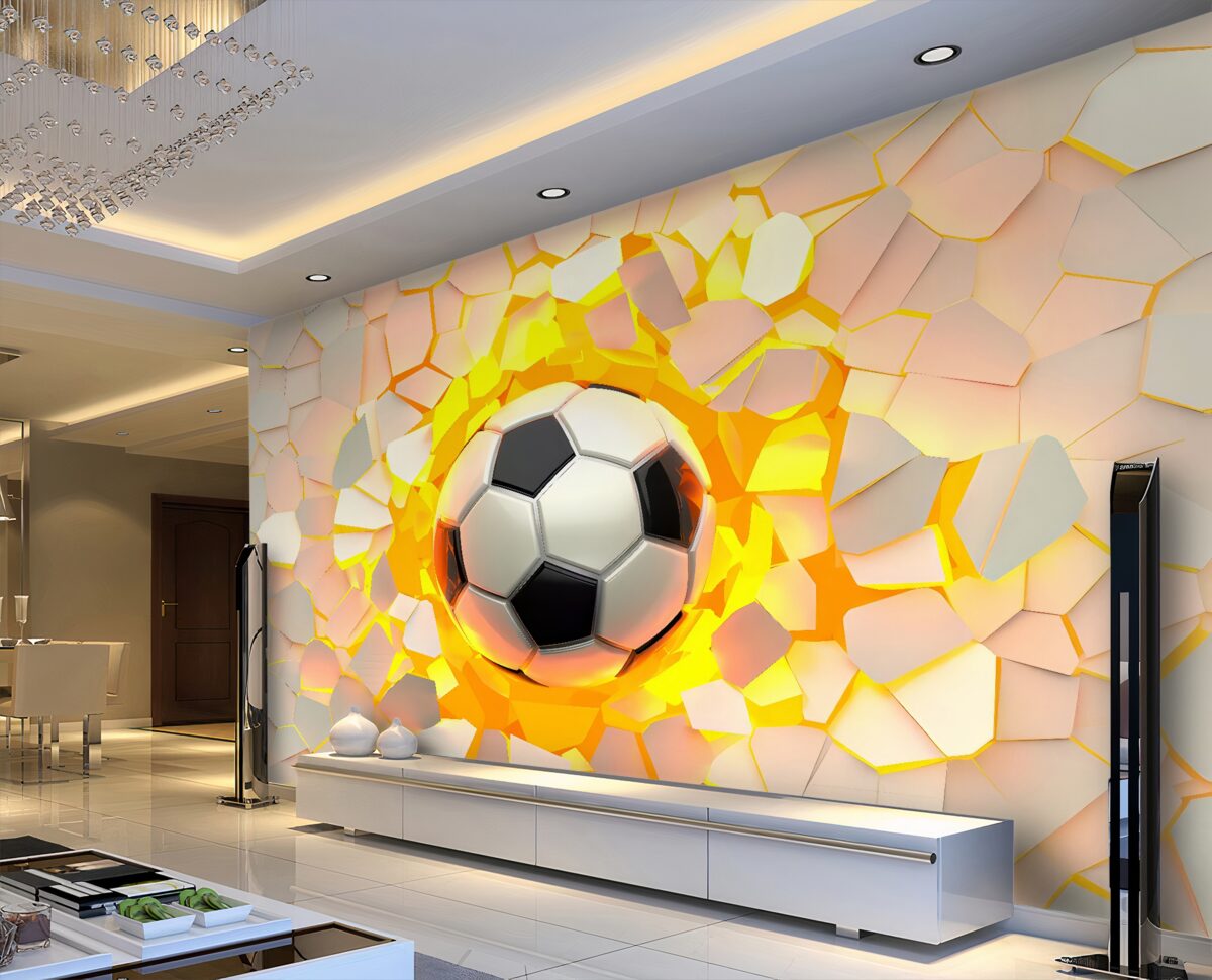 Fototapeta Piłka nożna rozbija ścianę złotym blaskiem