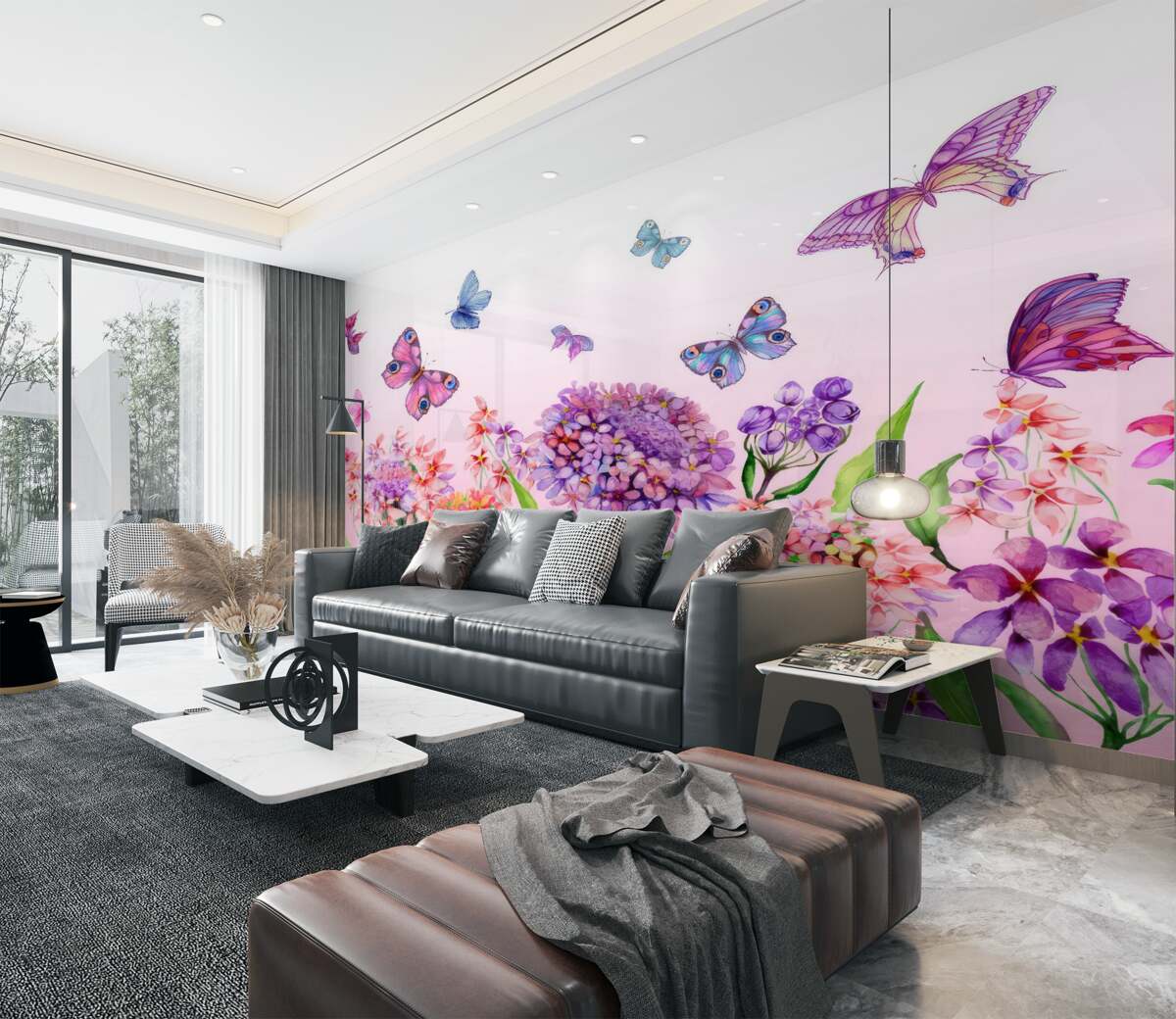 Fototapeta Motyle fruwają nad kwiatami