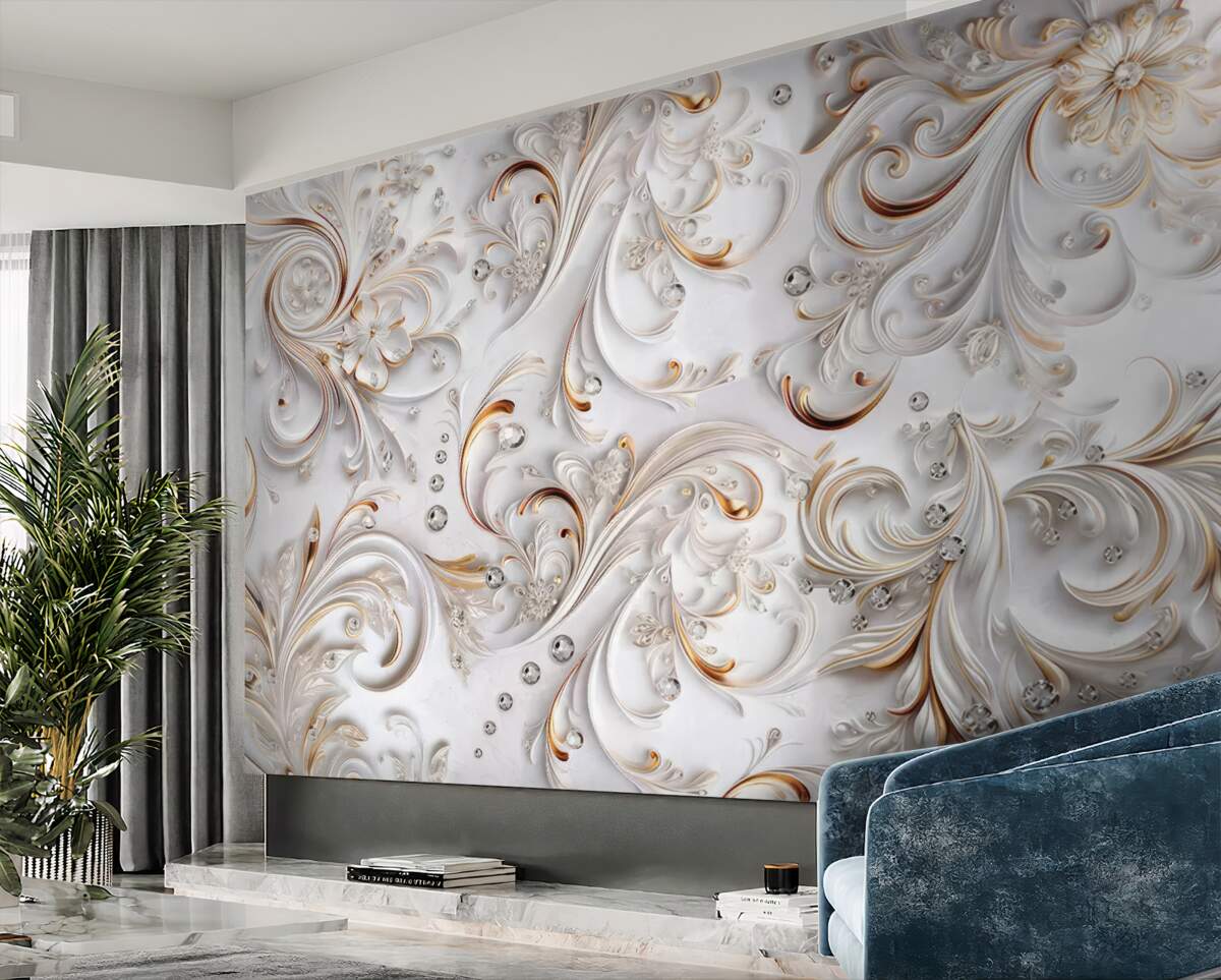 Fototapeta Kwiaty wolumetryczne oraz biało-złote loki