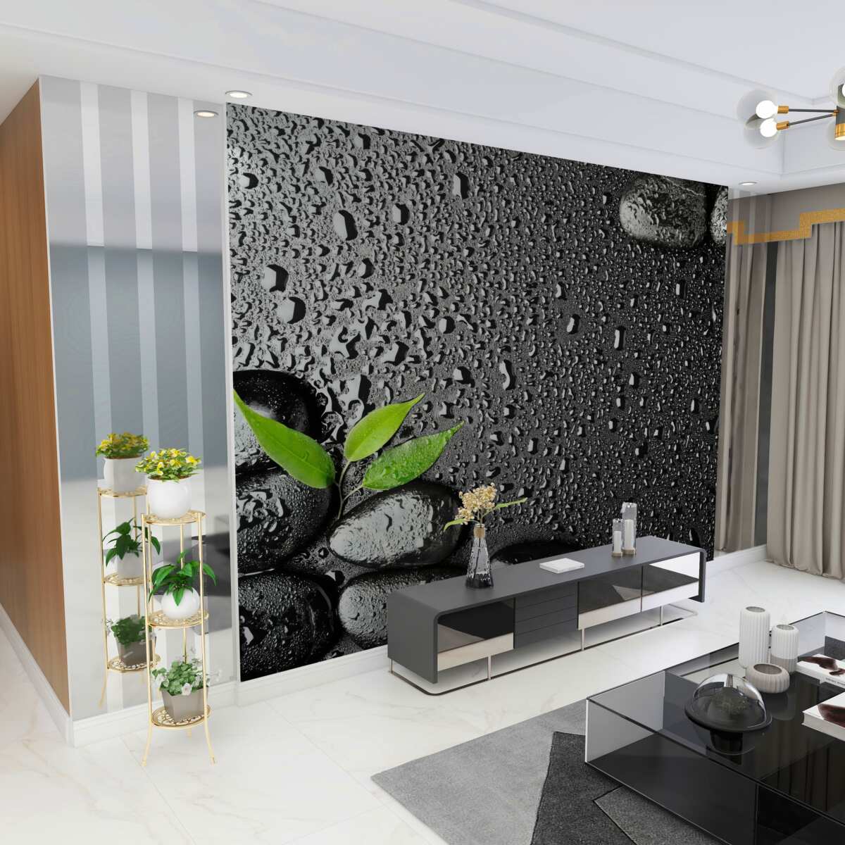 Fototapeta Czarne kamienie i zielone liście