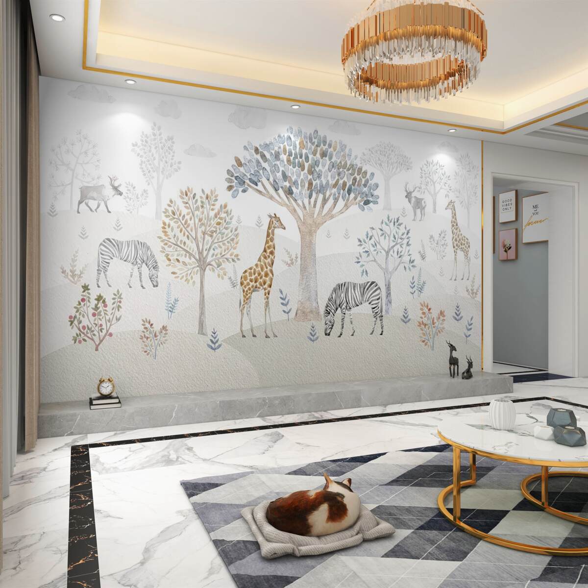 Fototapeta Żyrafy, zebry i jelenie w lesie