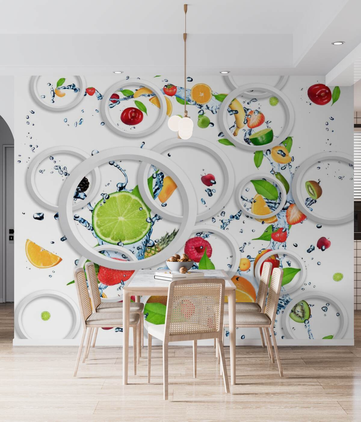 Fototapeta Białe kółka i pokrojone owoce