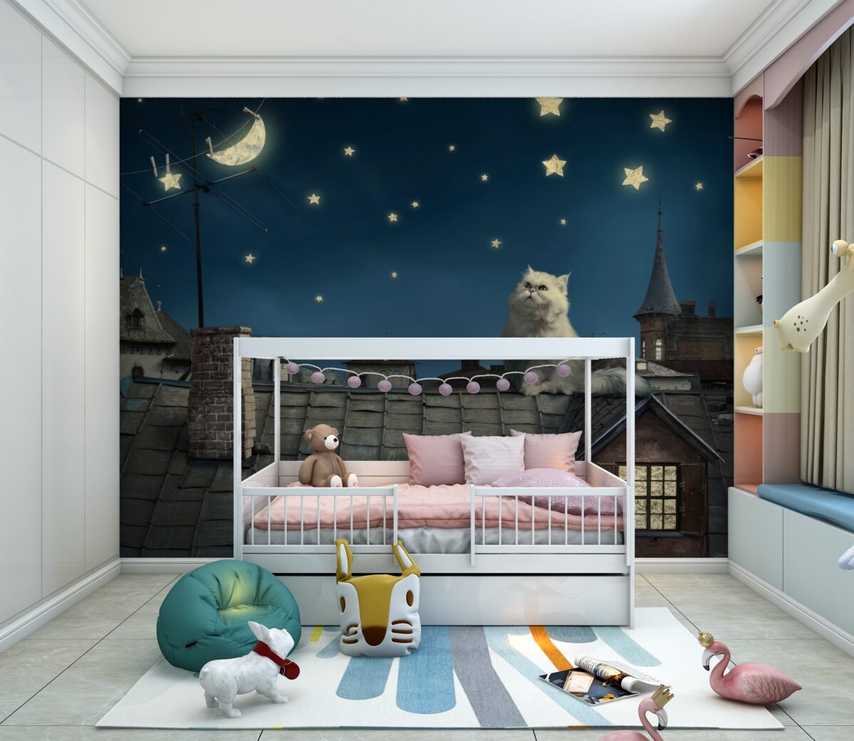 Fototapeta Biały kot na dachu cieszy się gwiazdami