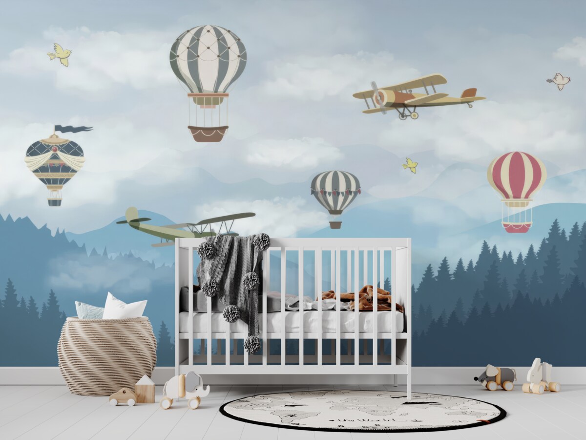 Fototapeta Nad górami latają balony i samoloty na ogrzane powietrze