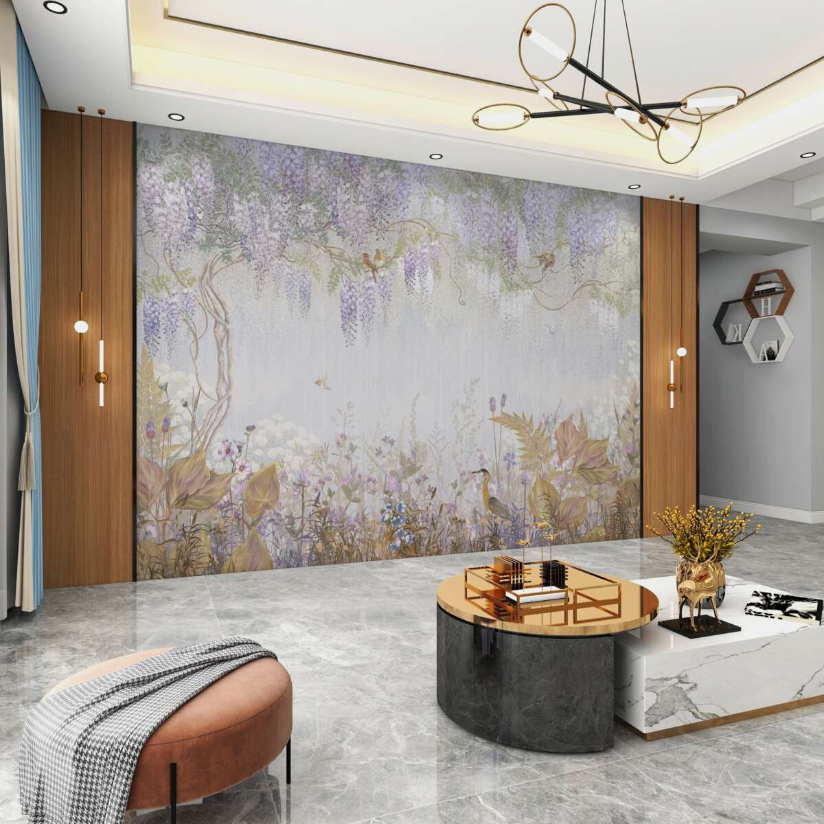 Fototapeta Drzewo z fioletowymi kwiatami i ptakami