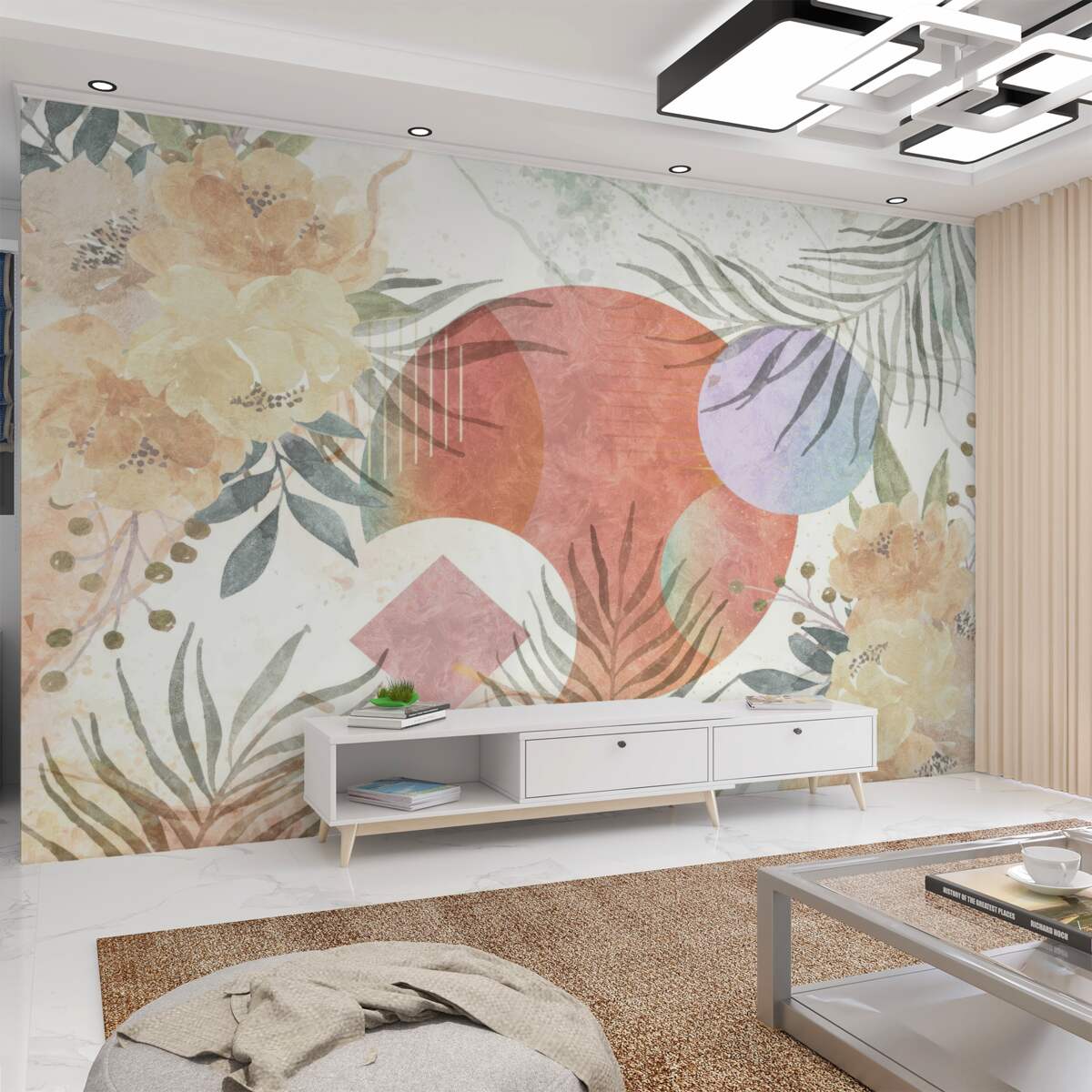 Fototapeta Tło z liśćmi, kwiatami i geometrycznymi kształtami