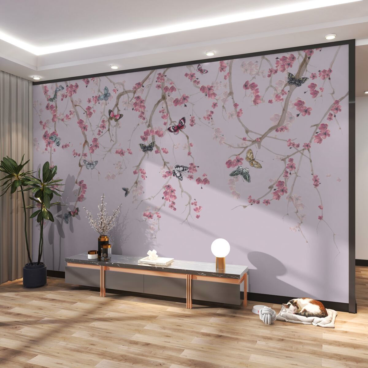 Fototapeta Gałęzie z różowymi kwiatami i motylami