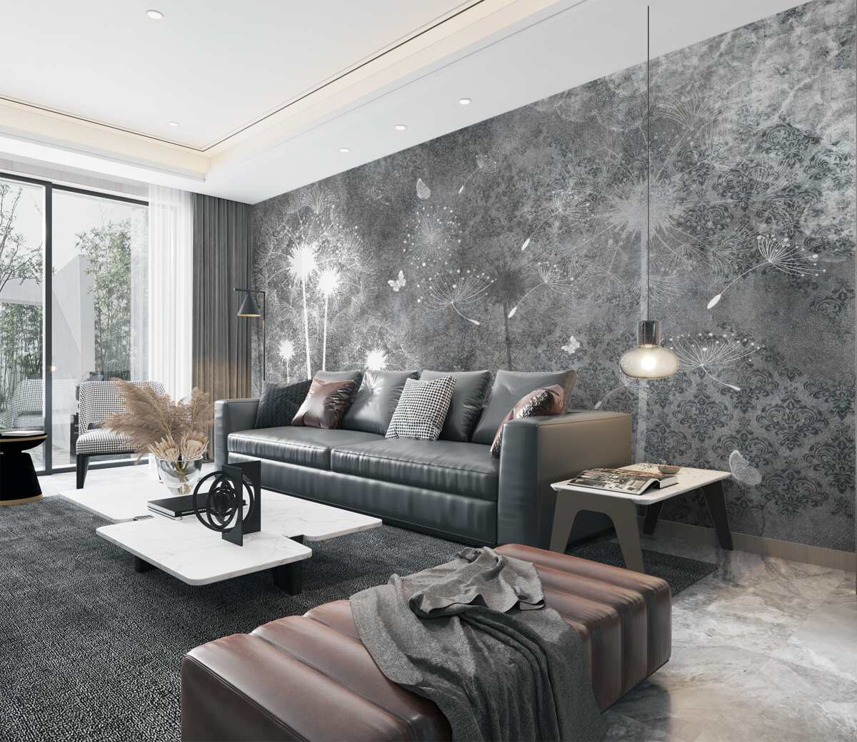 Fototapeta Szare tło z białymi sylwetkami mniszek lekarski