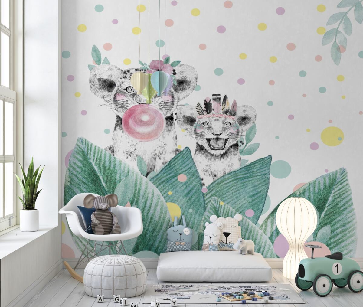 Fototapeta Z liści wyłaniają się młode lwy