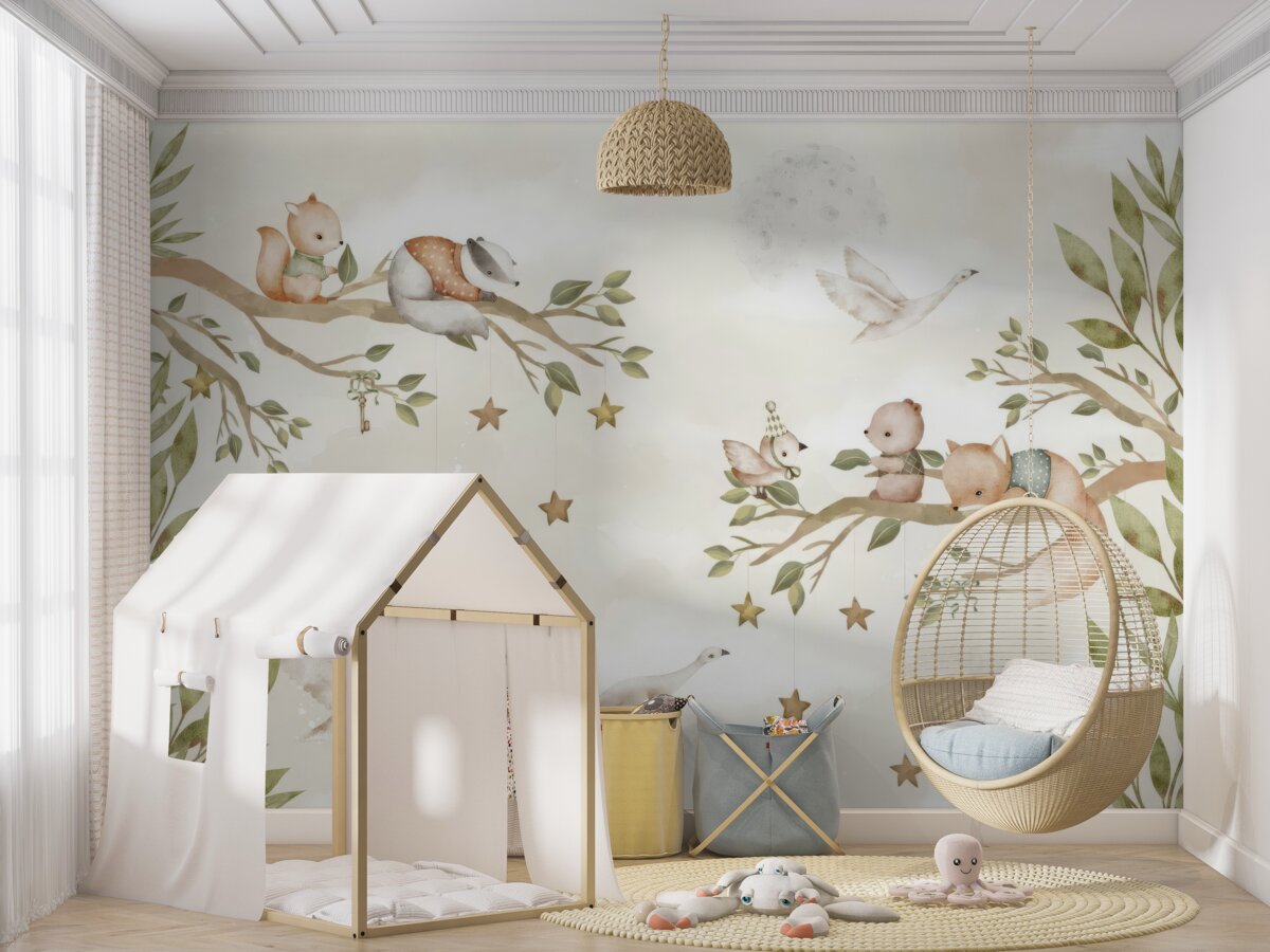 Fototapeta Różne zwierzęta siedzące na gałęziach drzew