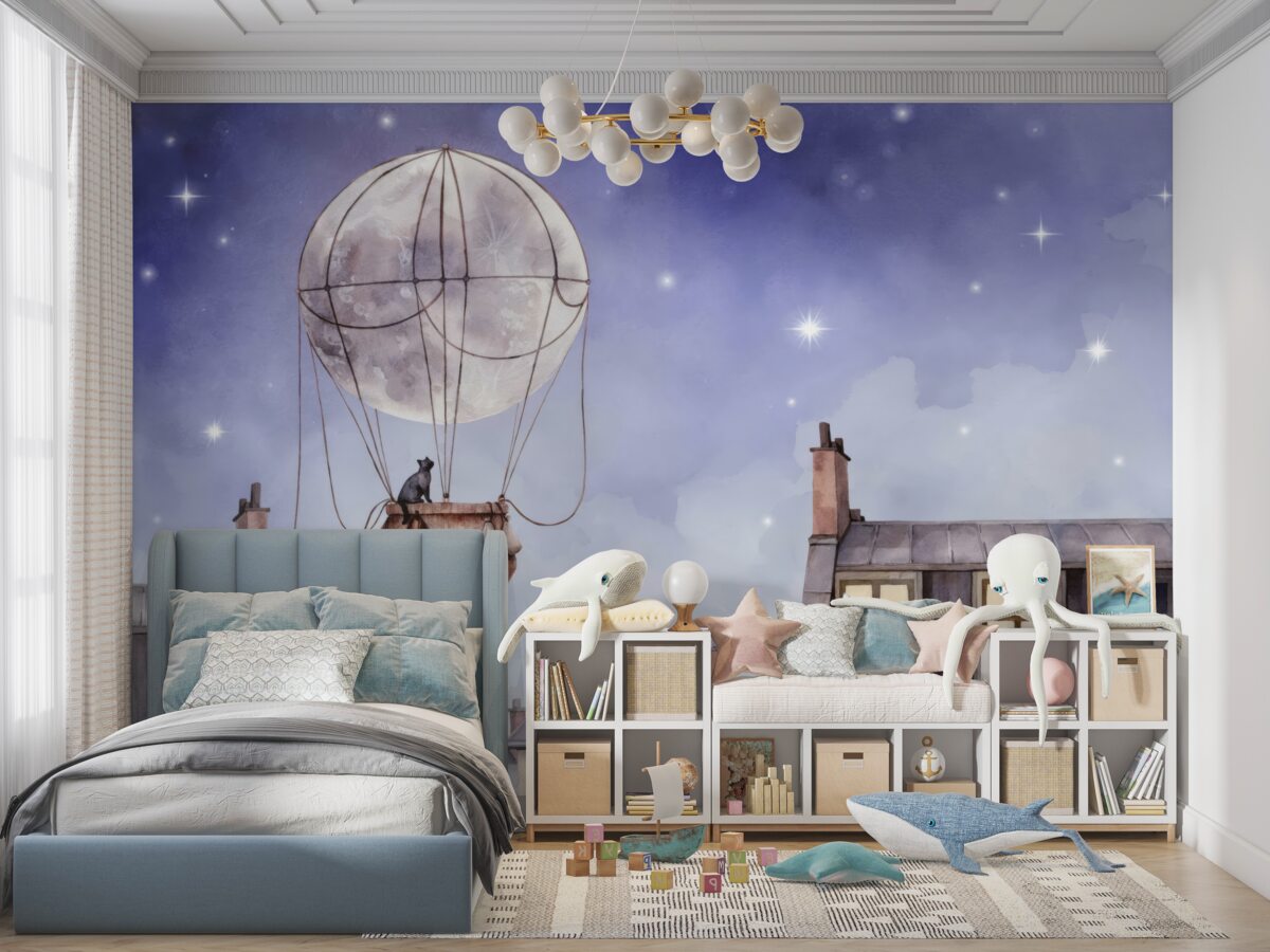 Fototapeta Kot leci balonem nad dachami