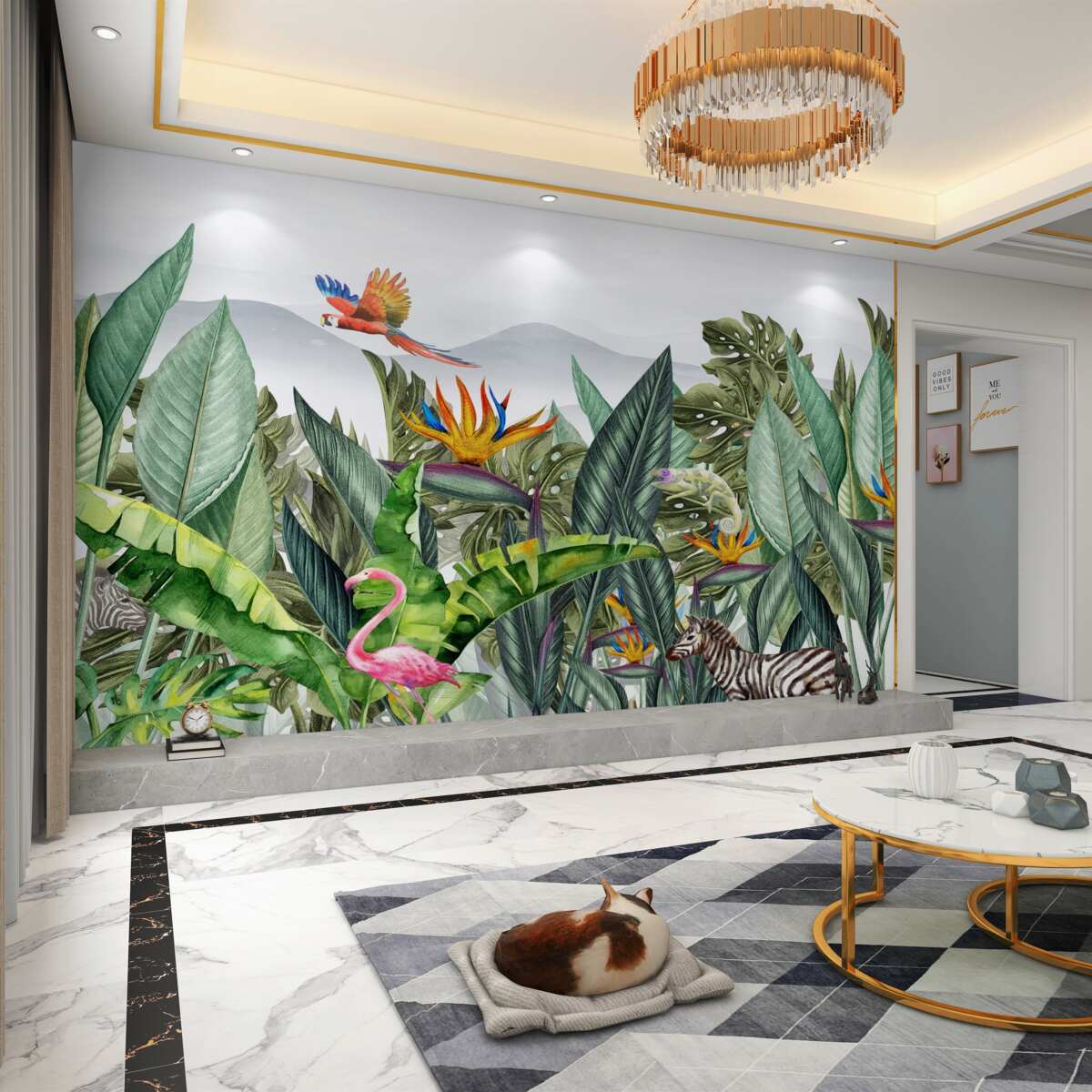 Fototapeta Zielone różne rośliny ze zwierzętami i ptakami