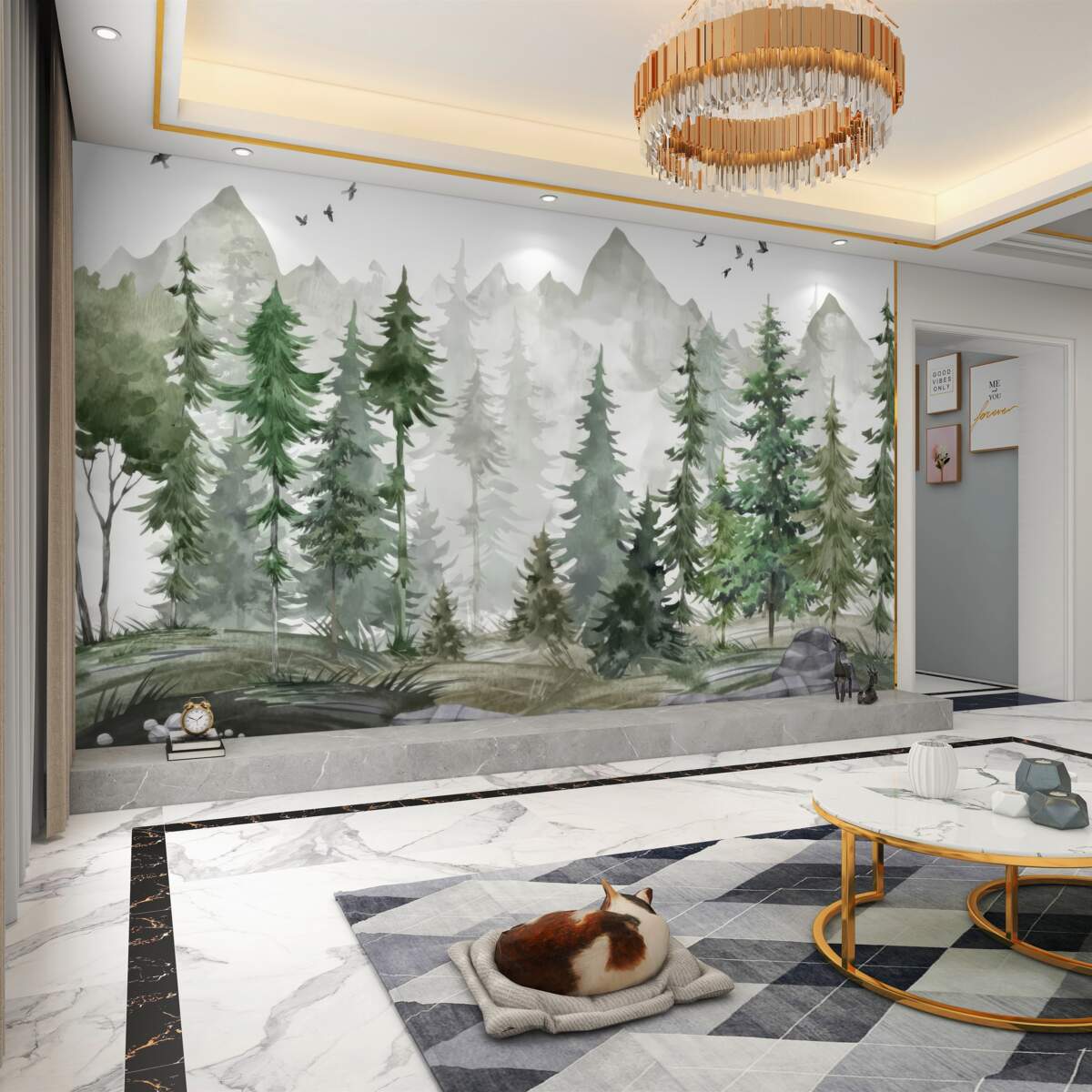 Fototapeta Akwarela las i góry