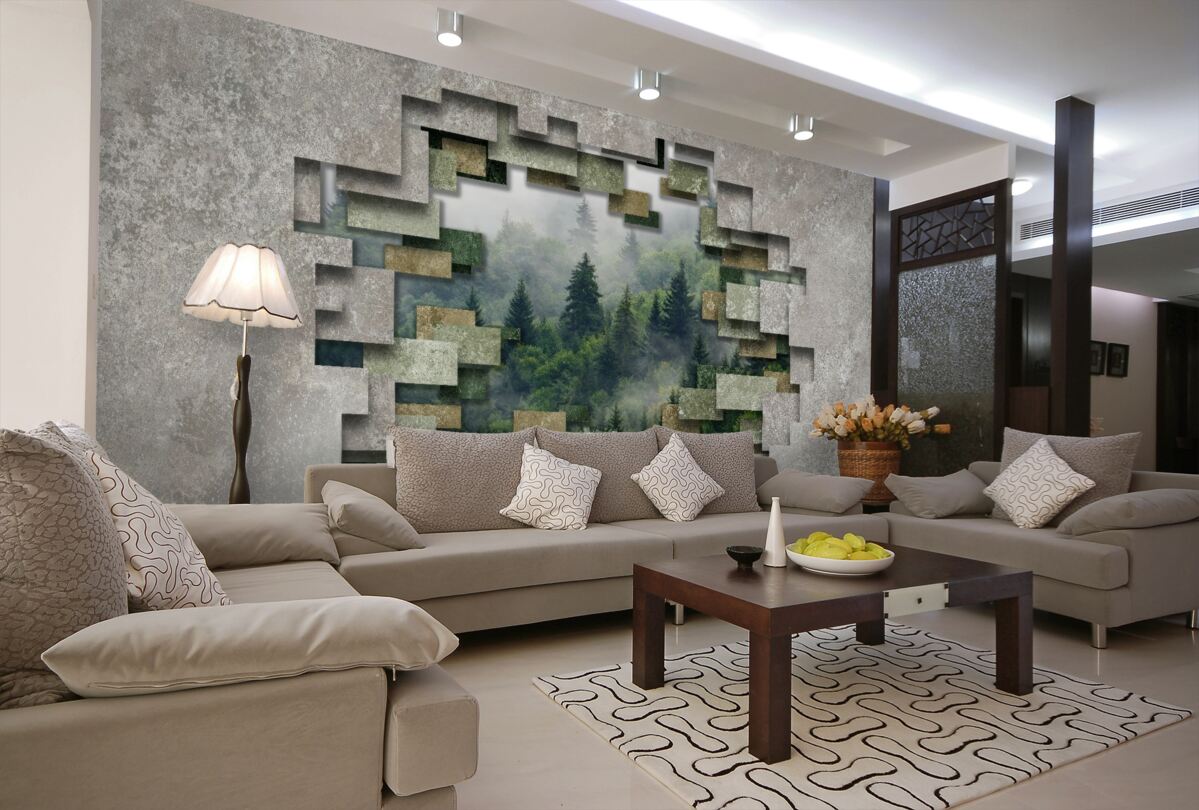 Fototapeta Złamana ściana i jodły w lesie