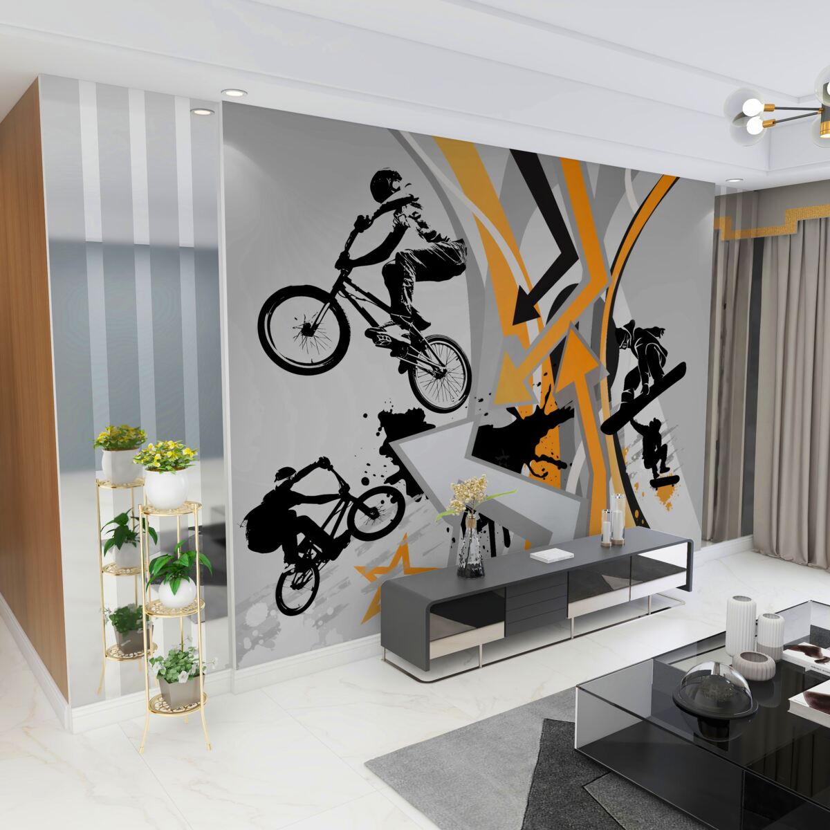 Fototapeta Chłopcy jeżdżą na rowerach i deskorolkach