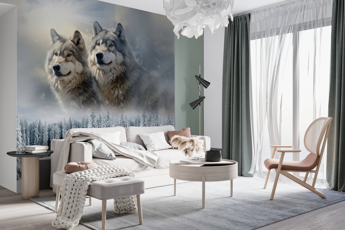 Fototapeta Dwa wilki na tle ośnieżonych jodeł