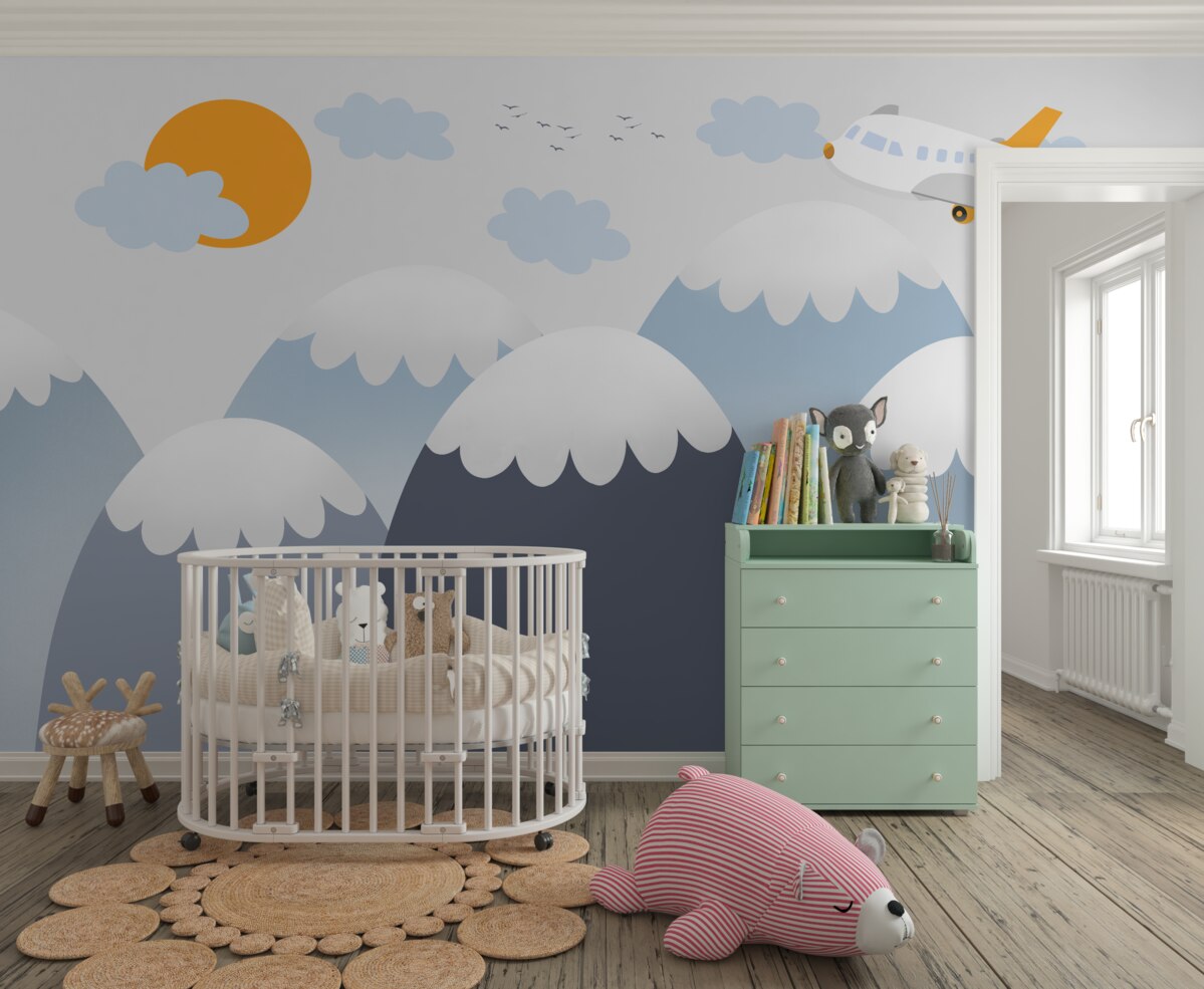 Fototapeta Samolot leci w stronę słońca nad górami