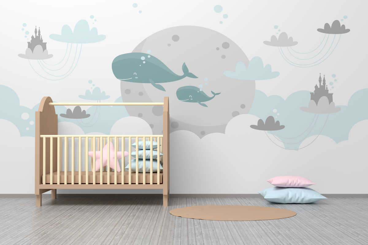 Fototapeta Rodzina wielorybów leci w chmurach