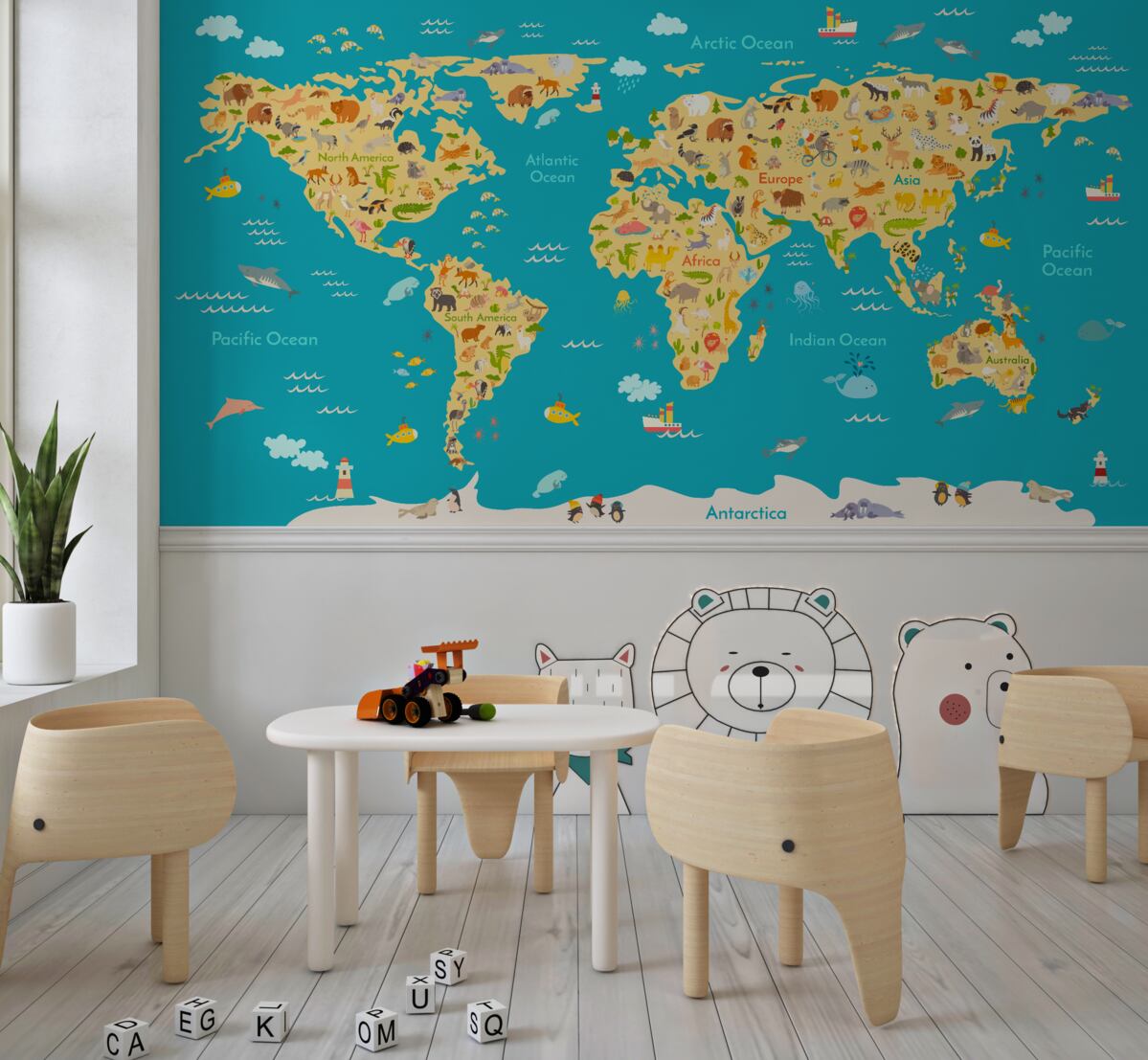 Fototapeta Mapa świata ze zwierzętami i mieszkańcami