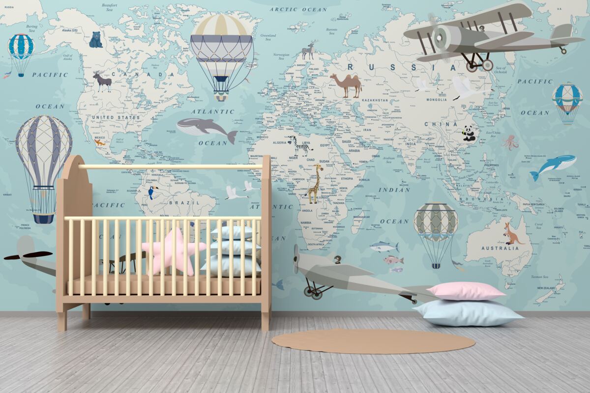 Fototapeta Szczegółowa mapa świata z samolotami i balonami
