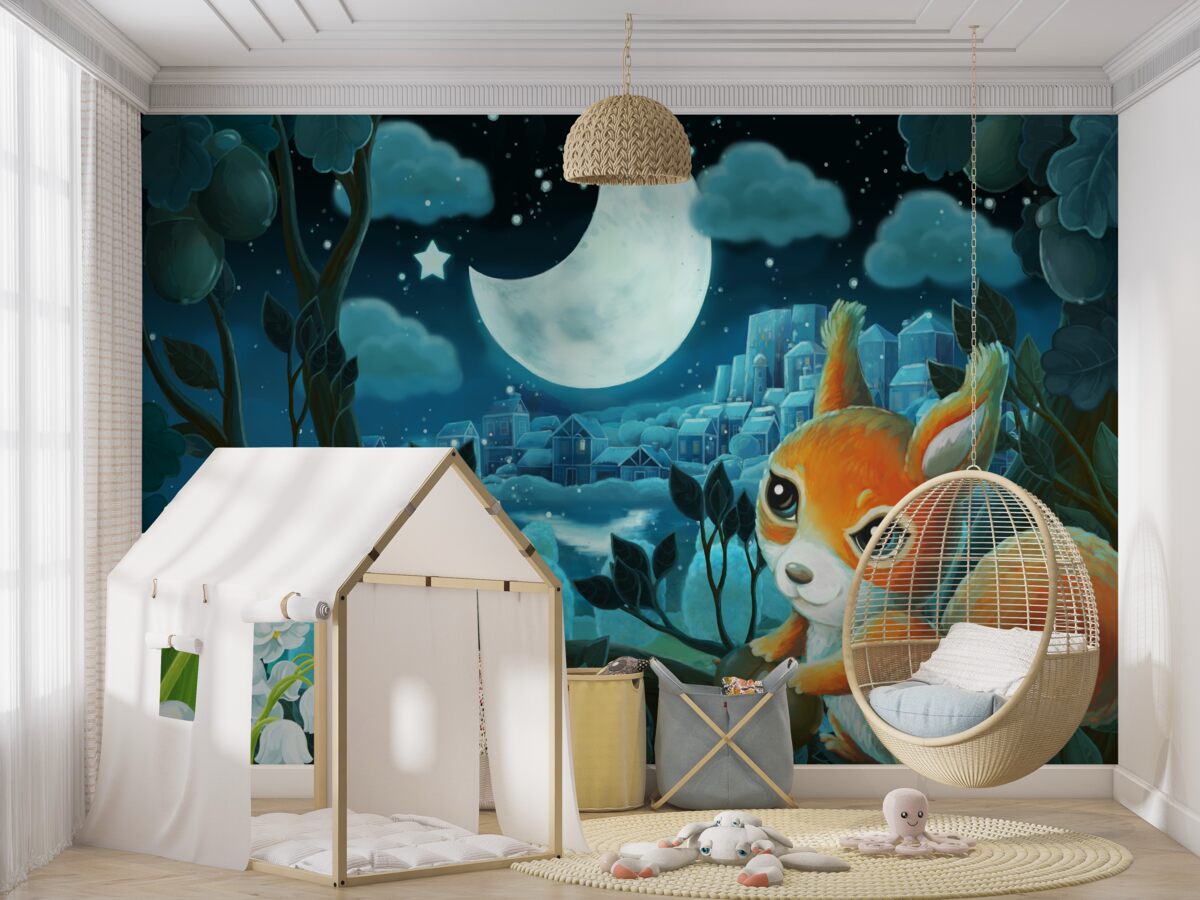 Fototapeta Wiewiórka cieszy się księżycem nad miastem