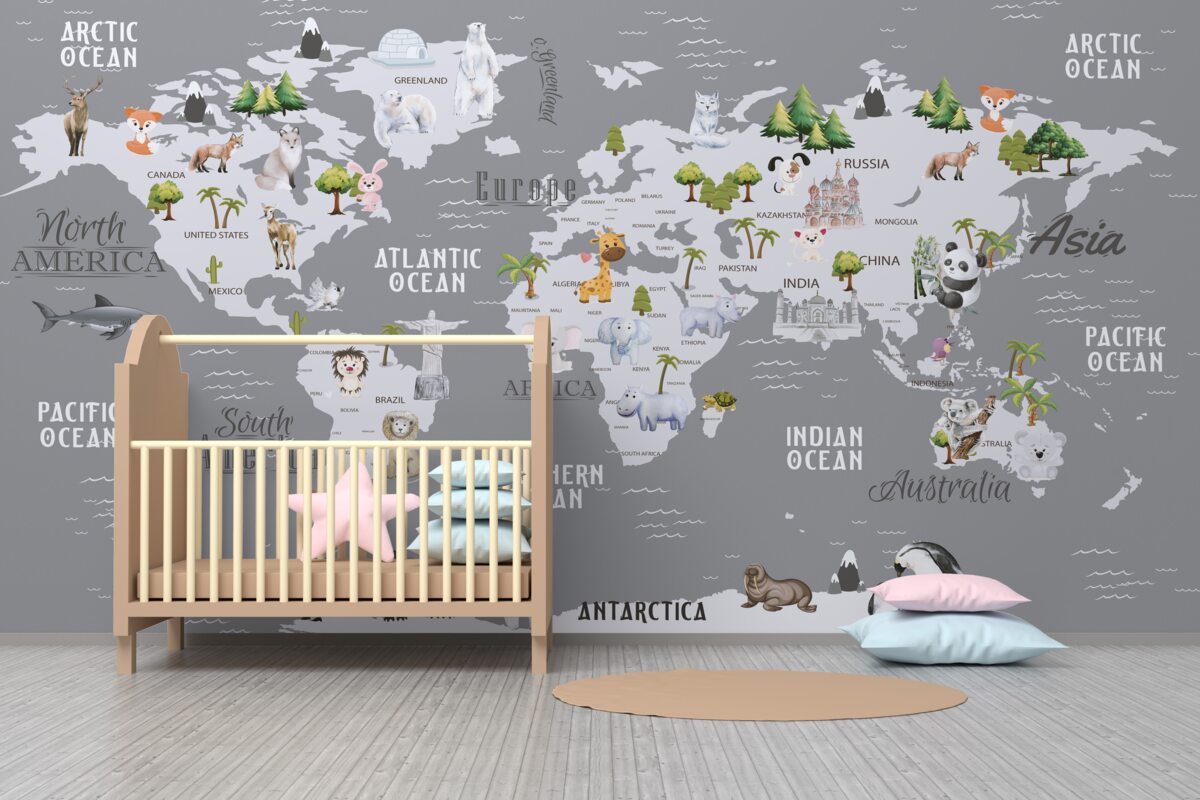 Fototapeta Mapa świata z głównymi mieszkańcami i punktami orientacyjnymi