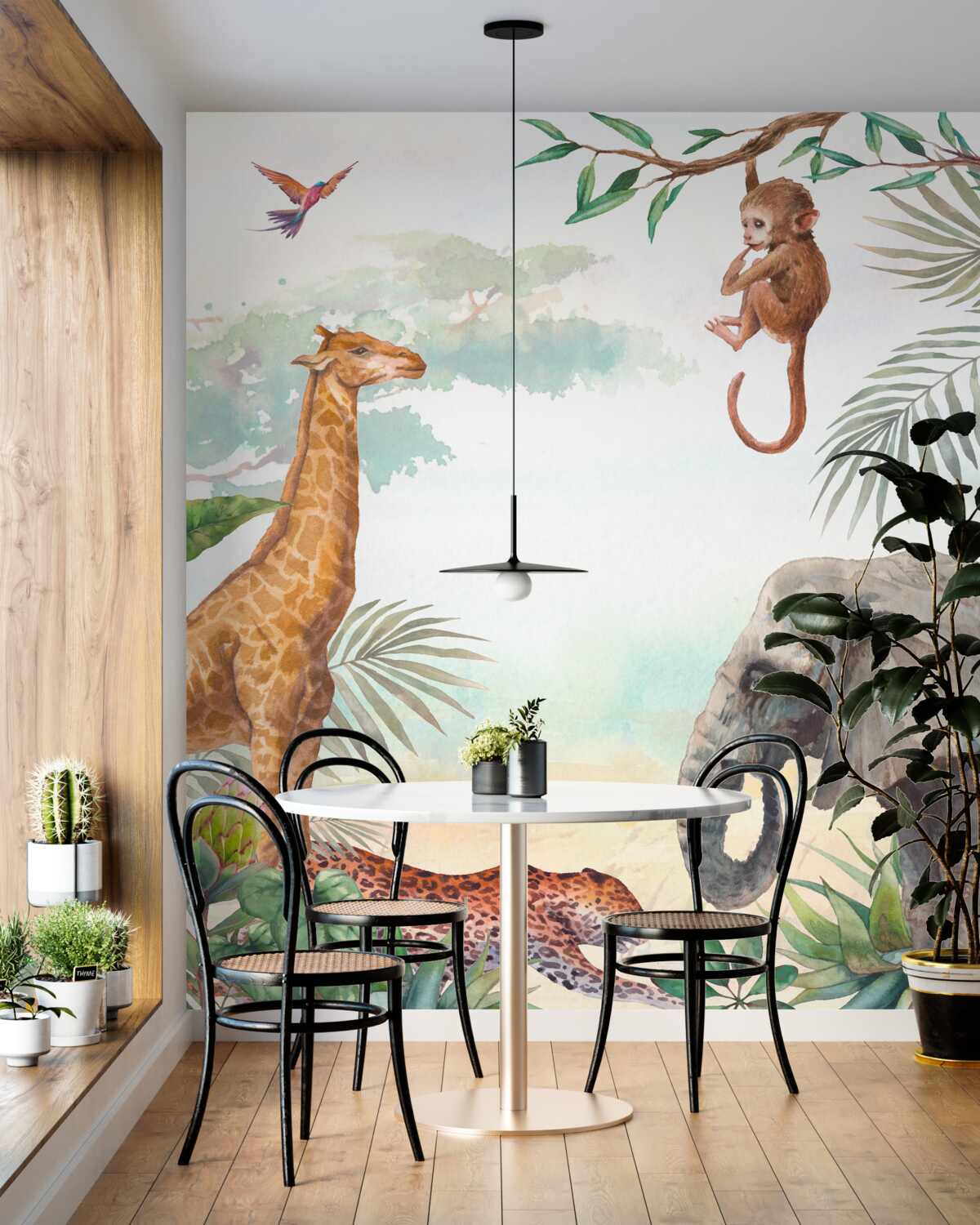 Fototapeta Żyrafa podziwia małpę na drzewie