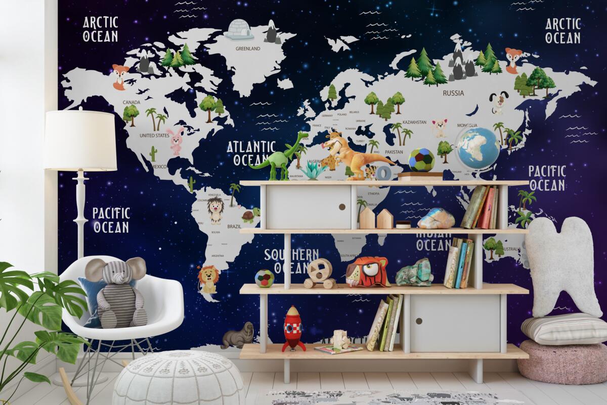 Fototapeta Nocna mapa świata z nazwami oceanów