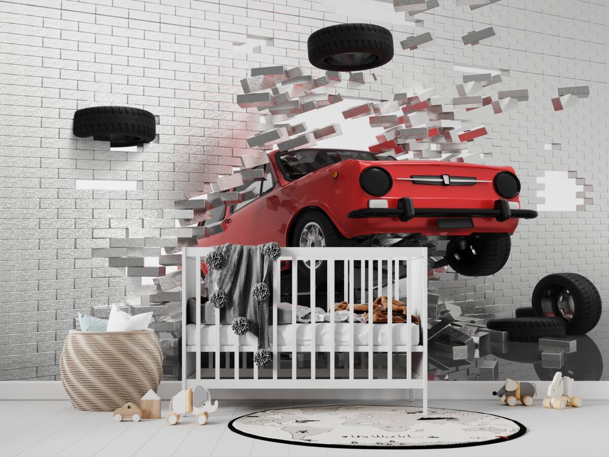 Fototapeta Samochód rozbija ceglaną ścianę