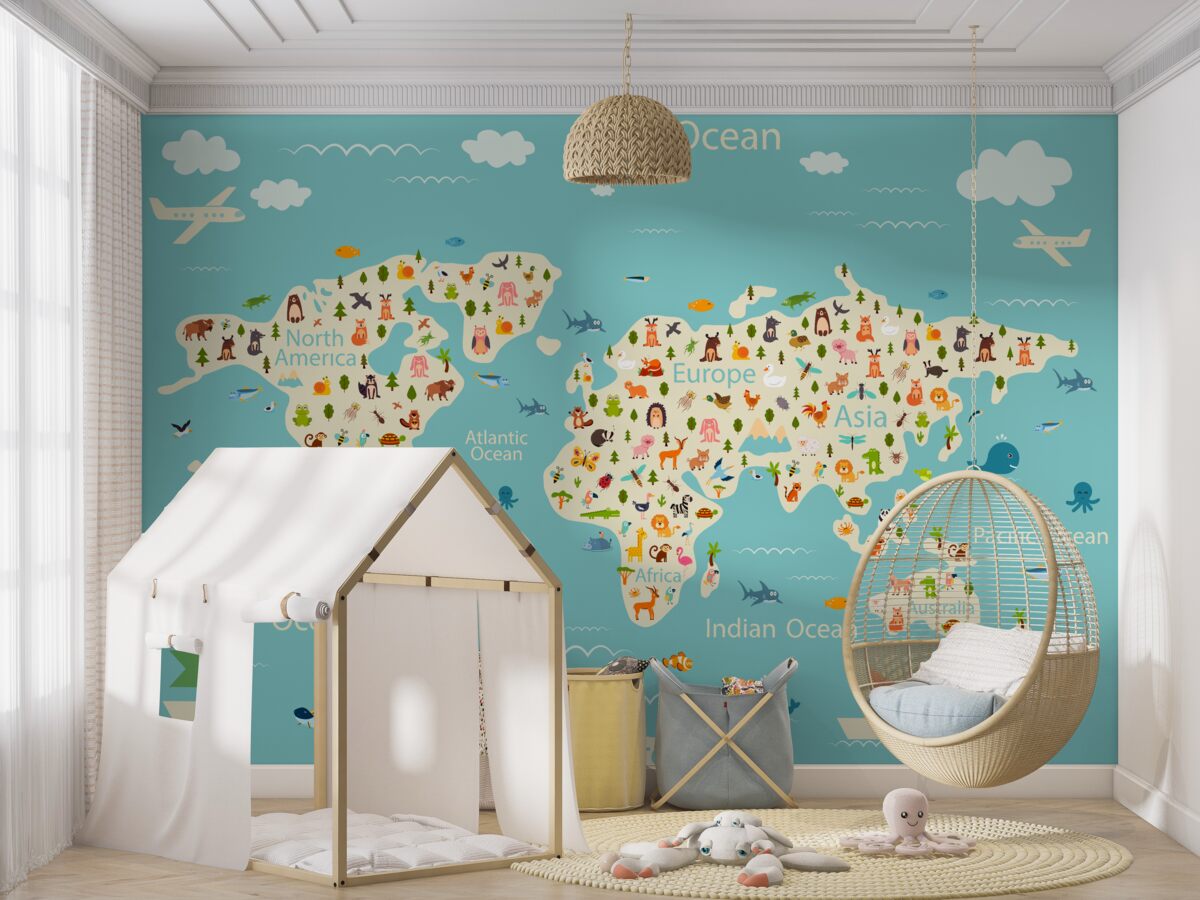 Fototapeta Mapa świata z mieszkańcami i przyrodą